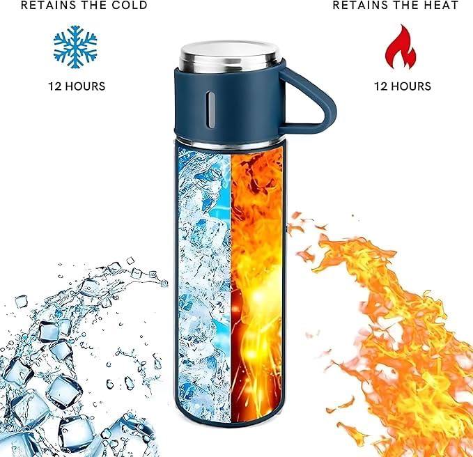 BT53 Acier Inoxydable 500 ML Vide FlaconBouteilleThermos pour Boissons Chaudes et Froides avec Trois Tasses Bleu
