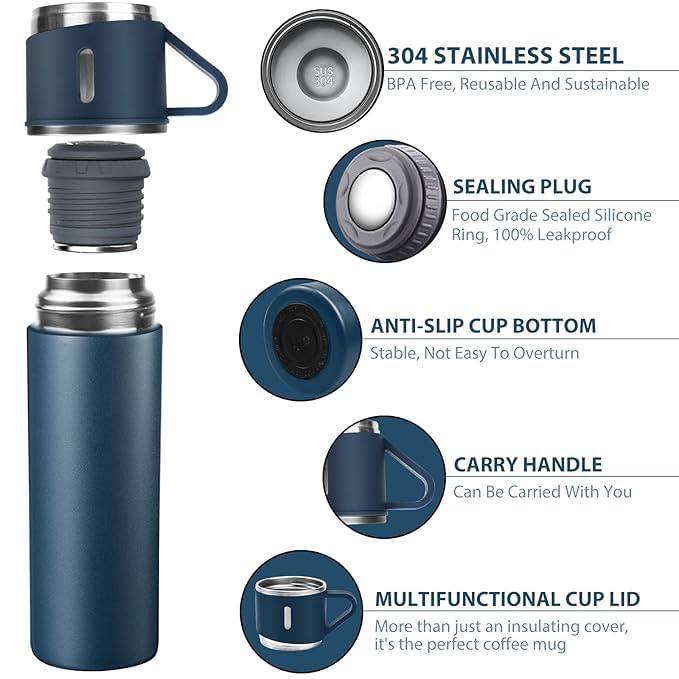 BT53 Acier Inoxydable 500 ML Vide FlaconBouteilleThermos pour Boissons Chaudes et Froides avec Trois Tasses Bleu
